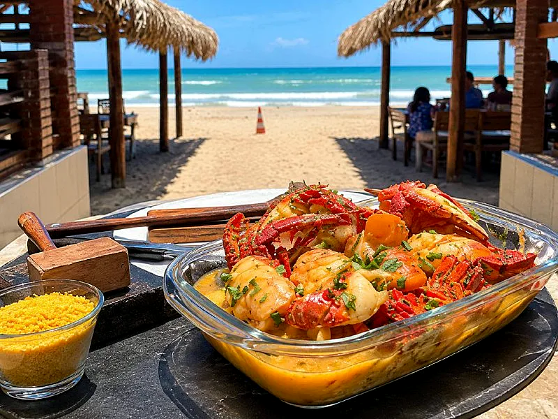 Frutos do mar com lagosta e camarão em travessa, com farofa ao lado